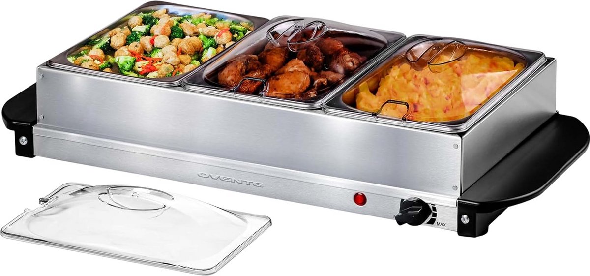 Elektrische Buffetwarmer met 3 RVS Warmhoudschalen (4,5L totaal) - Temperatuurregeling