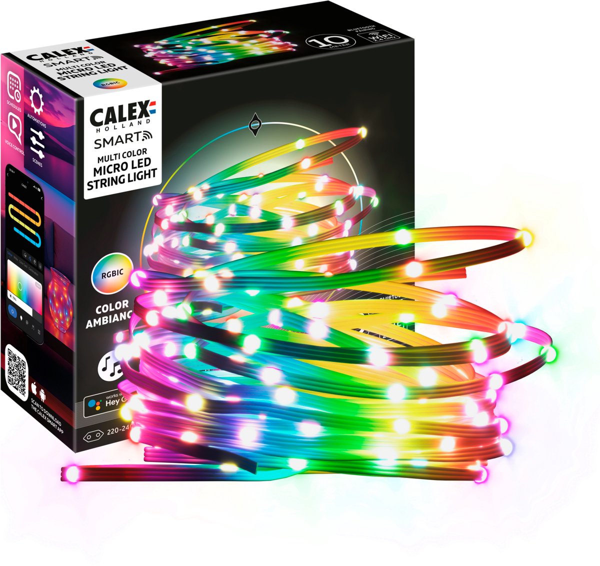Calex Smart Micro LED Strip - 100 LEDs, 10M, RGBIC, 16 Miljoen Kleuren, App Bedienbaar, Schemafunctie, Muzieksynchronisatie, Afstandsbediening - Lichtsnoer