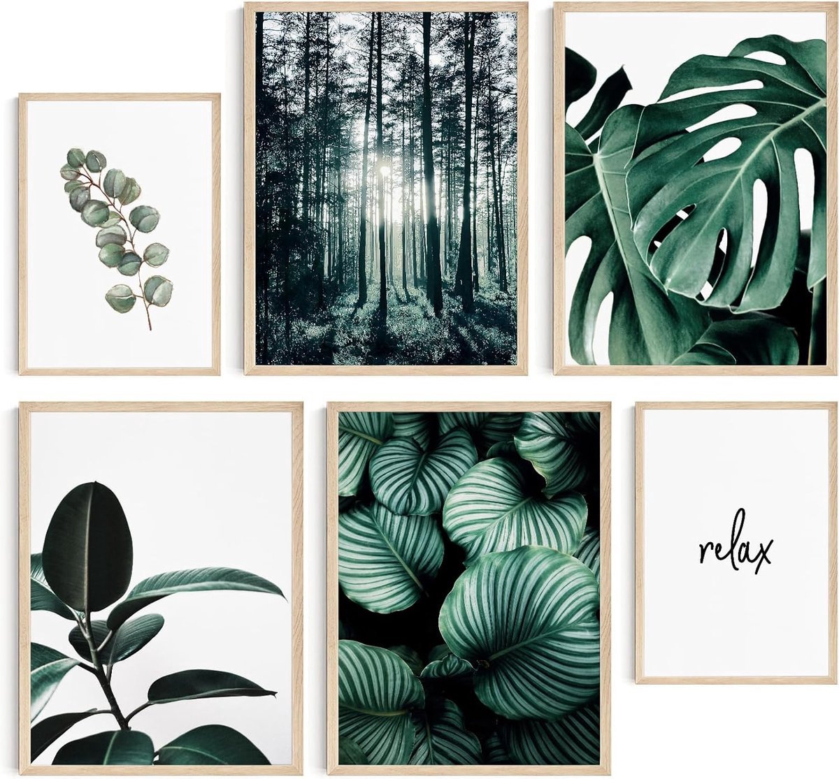 Stunq® Posterset, woonkamer decoratie slaapkamer, kamer - wanddecoratie, wandafbeeldingen - foto's zonder fotolijst (groene bladeren plantkunde, 4 x 30x40 cm, 2 x 21x30 cm)