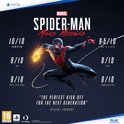 Playstation 5 speldoos van Marvel's Spider-Man: Miles Morales met reviews en Spider-Man in zijn rode en zwarte pak.