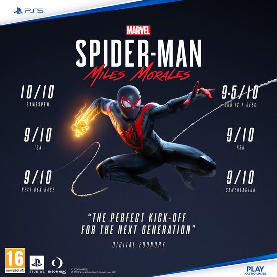 Playstation 5 speldoos van Marvel's Spider-Man: Miles Morales met reviews en Spider-Man in zijn rode en zwarte pak.