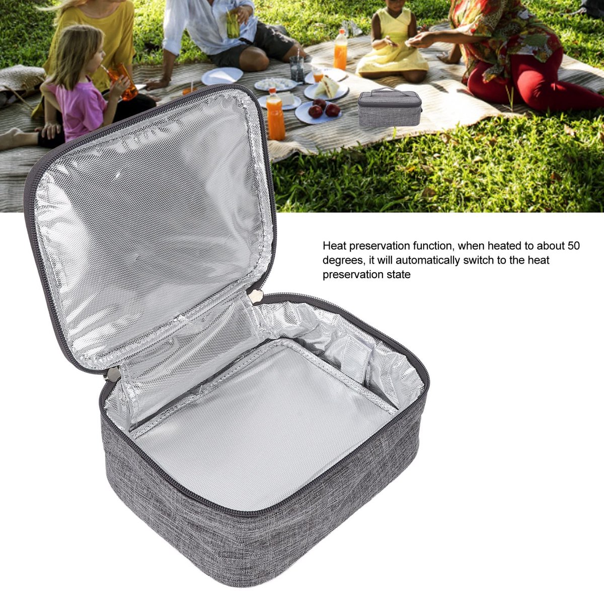 Verwarmde lunchbox - Draagbare elektrische verwarmde lunchtas - Voedselverwarmer - Temperatuurweergave - Lunchverwarmer - USB-oplaadbaar - Geschikt voor kantoren, bijeenkomsten en keukens - Grijs — cadeau in Kookcadeaus - foto 3