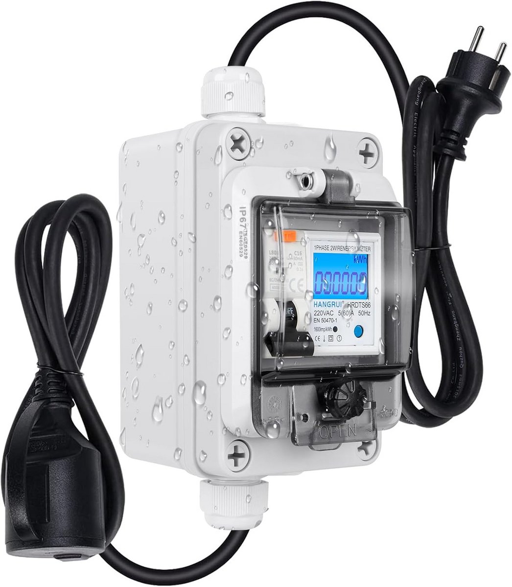 Mobiele Digitale Stroommeter voor Stopcontact - 230V, 80A, IP65 Waterdicht met Aardlekschakelaar