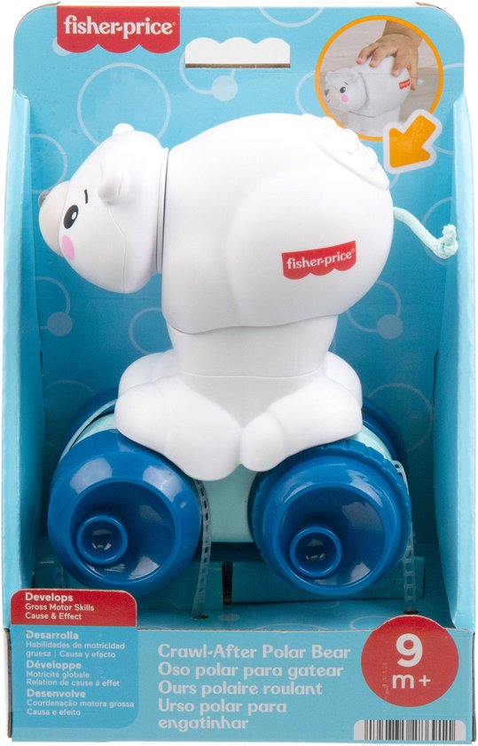 Fisher-Price kruipbeer speelgoed in verpakking, met blauwe wielen en een lichtblauwe staart.