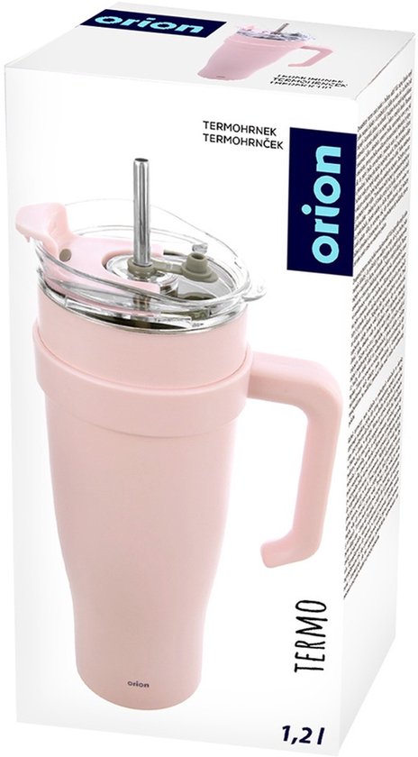 Doos van de roze Orion thermosbeker met een lichtroze handvat, tekst 'TERMO' en '1,2 l'.
