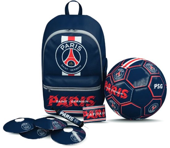 Kit Football PSG Pour Enfant – Ballon Taille 5, Sac à Dos, 4 Plots, Pompe Et Brassard Capitaine