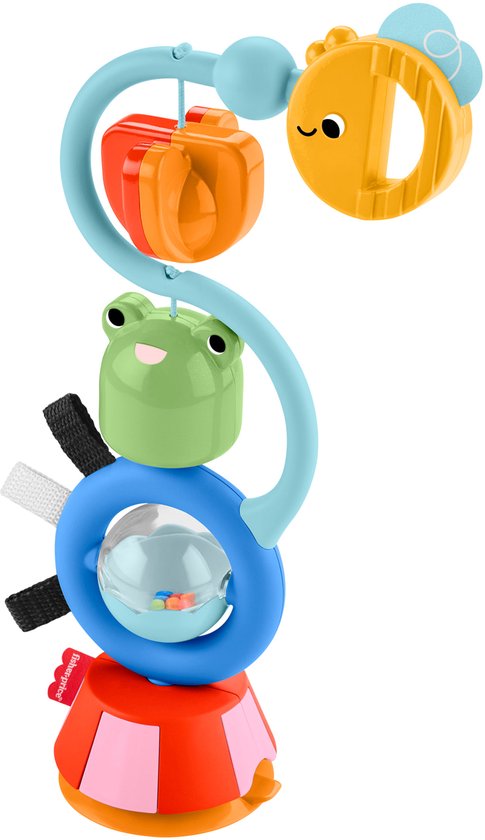 Een spiraalvormige rammelaar met rode en roze basis, blauwe ring, groene kikker, rode appel en gele bij.