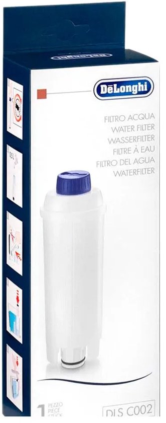 Doos van De'Longhi waterfilter DLSC002 met een afbeelding van het filter erop.