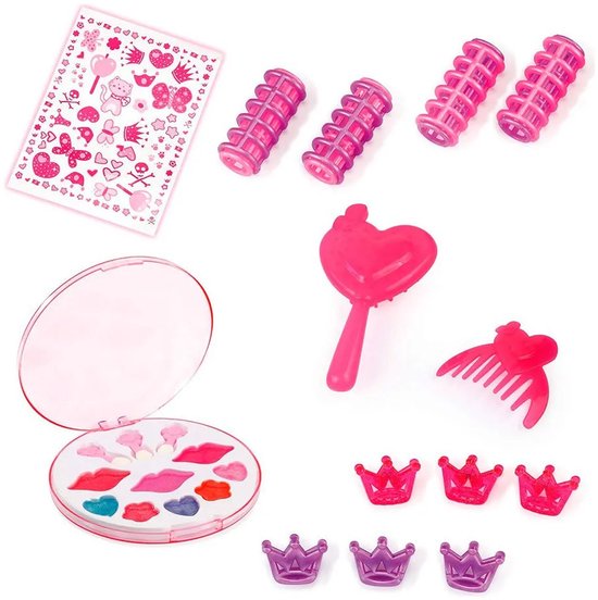Accessoires voor het haar: roze haarrollers, een kam, een hartvormige haarborstel, make-up en kroontjes in paars en roze.