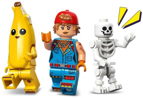 Trois personnages LEGO : Peely la banane, une fille en salopette bleue et casquette rouge, et un squelette blanc.