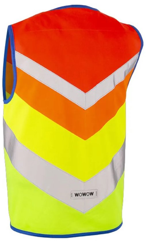 Achterkant van een WOWOW veiligheidshesje: chevron-patroon in oranje, geel, groen met reflecterende banen. WOWOW-logo op de rug.