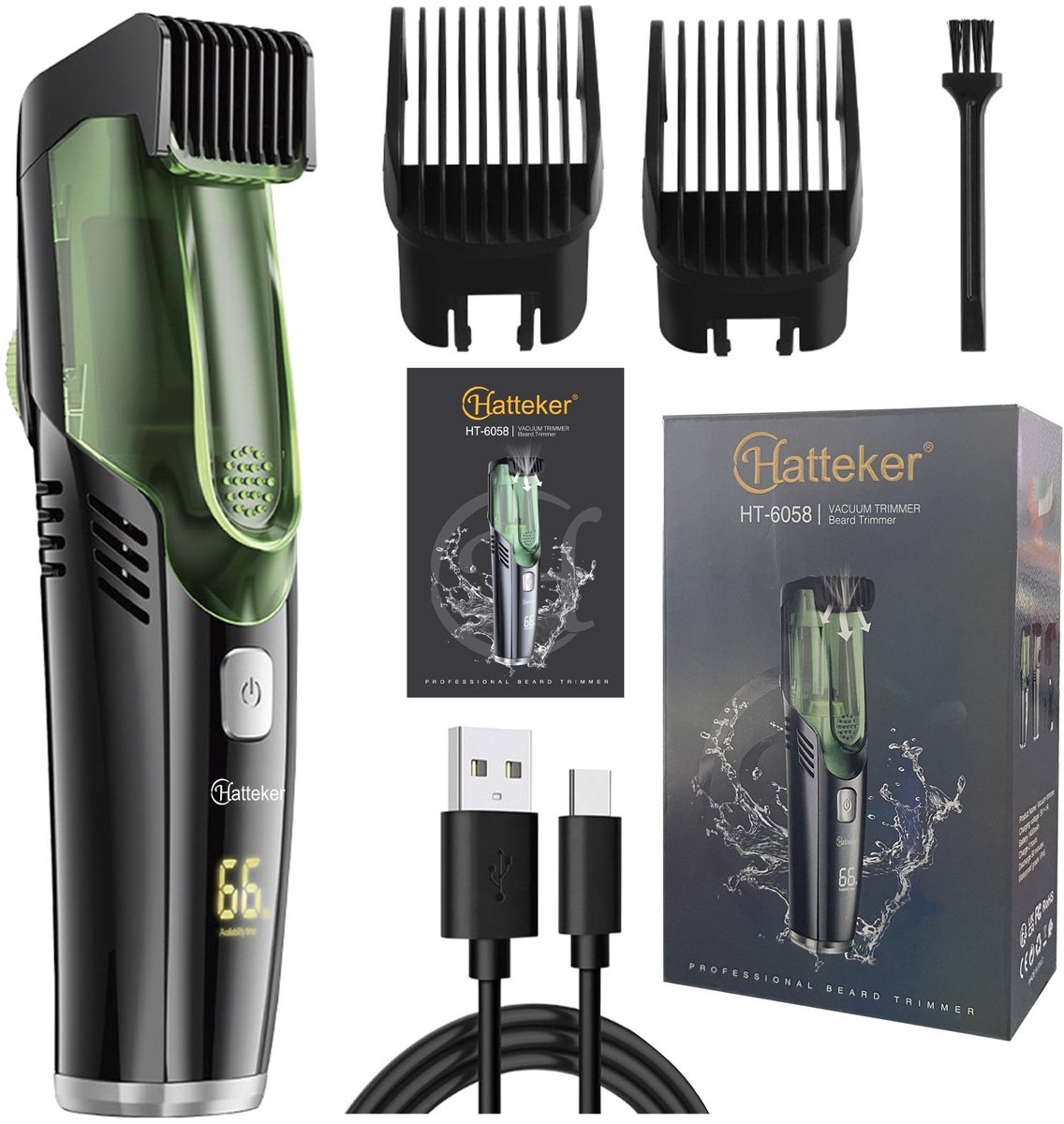 HATTEKER Tondeuse met Vakuümfunctie – Baardtrimmer – 1–20 mm Lengte-instelling – IPX6 Waterdicht – USB-C Opladen – Stil & Precies