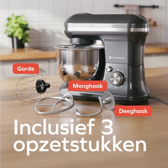 KitchenBrothers Keukenmachine - Keukenrobot - 5L - Keukenmixer - 1200W - Antraciet van KitchenBrothers — afbeelding 4