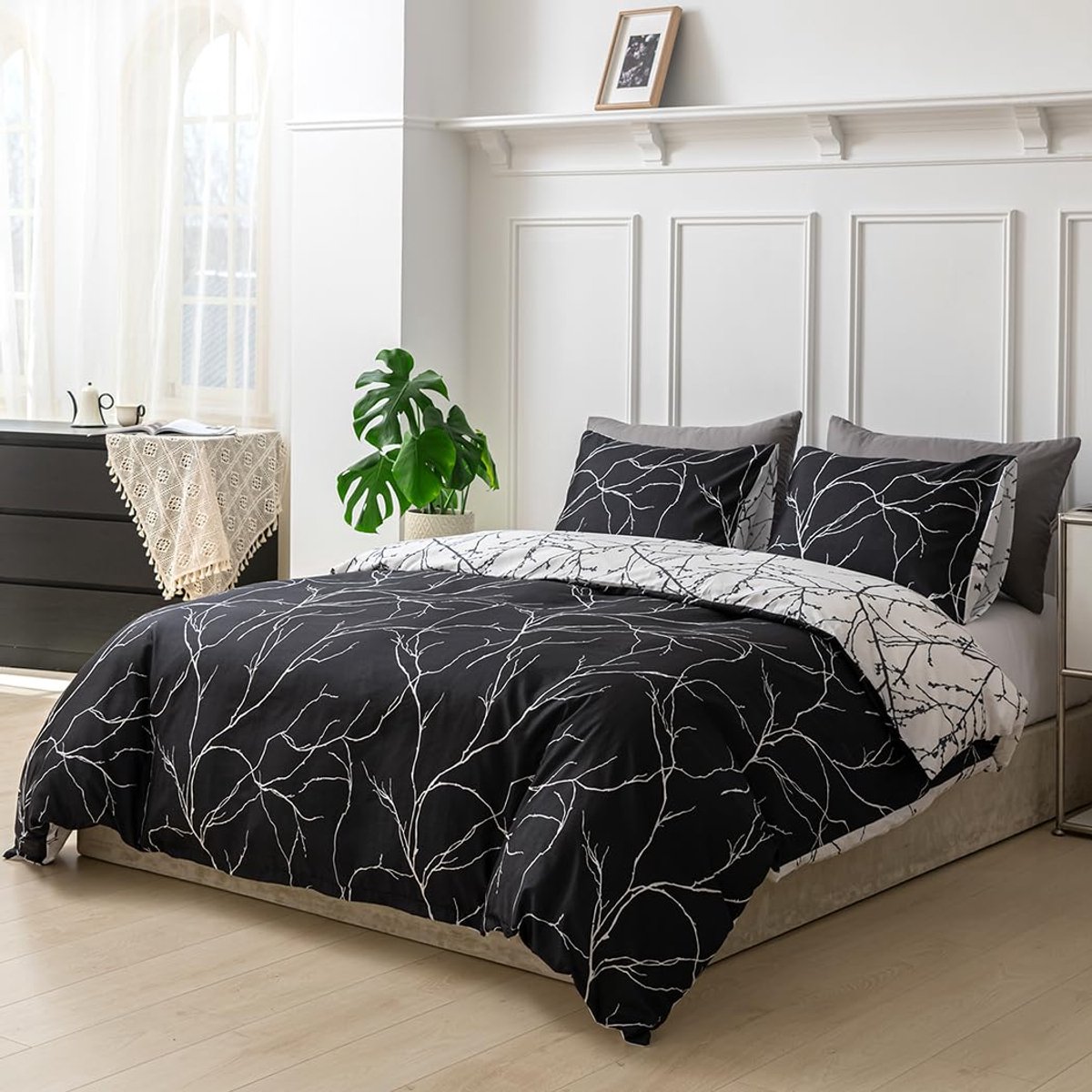 Unyqoos Luxe driedelige beddengoedset met boomtakpatroon en ritssluiting zwart wit