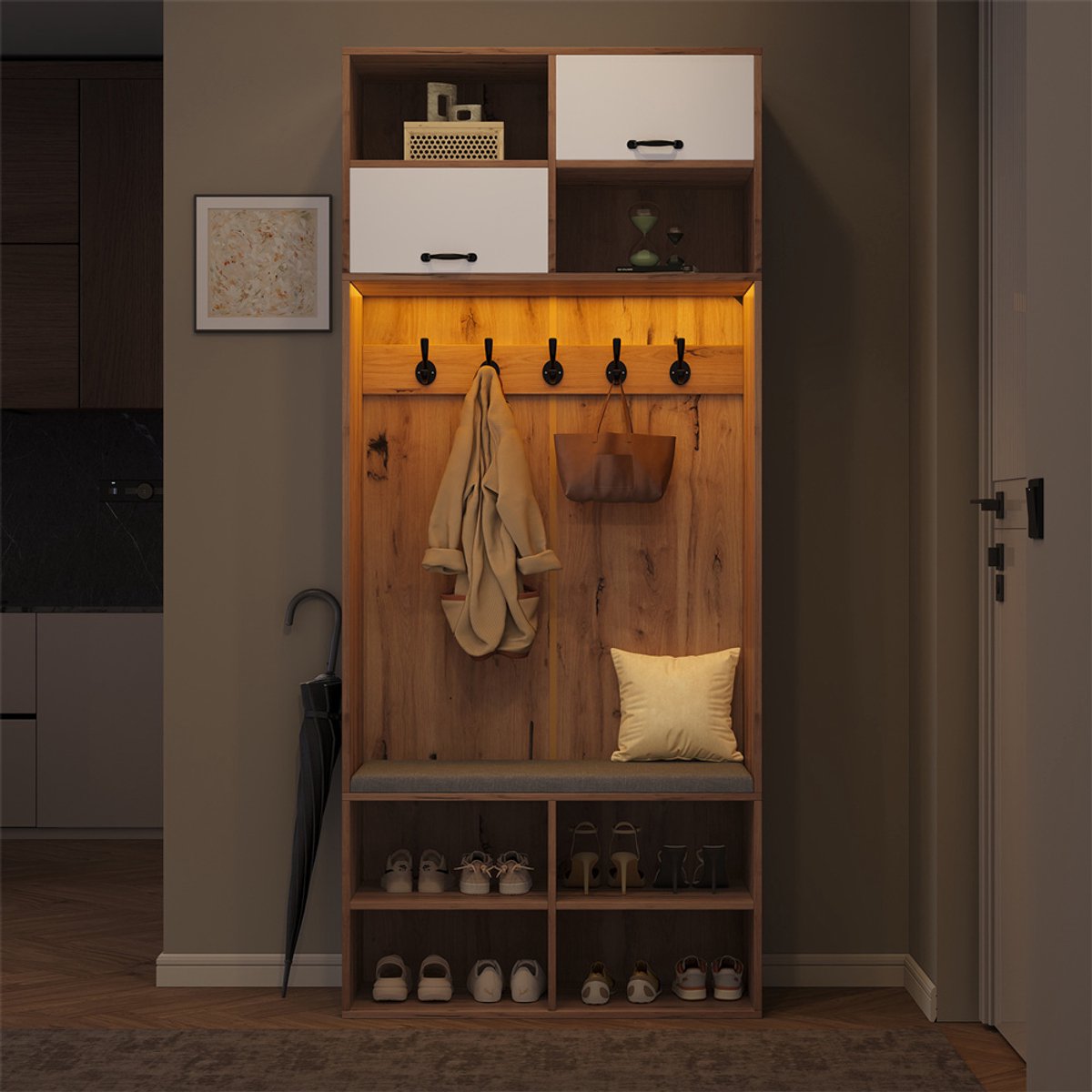 YEHTOKHOME Halmeubel met 2 Deuren en 6 Open Vakken - Kapstok en Schoenenkast - Hal Kast met Zitting en 5 Haken - LED-verlichting - Natuurlijke + Wit - 80 x 35 x 185 cm