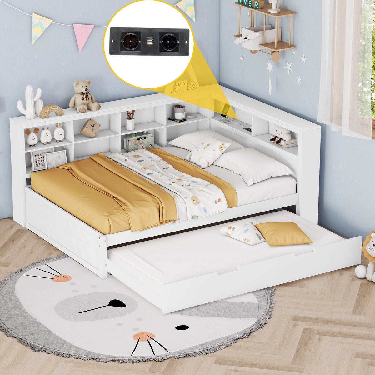 PHOEBE CAT Slaapbank - 140×200 cm - met uitschuifbaar bed - USB-aansluiting - opbergvak - wit