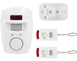 Bewegingssensor Alarm - PIR Infrarood Bewegingsdetector met Afstandsbediening - Draadloos Beveiligingssysteem - Voor Huis, Garage en Kantoor - Inbraakalarm en Veiligheidsalarm - Voor Huiseigenaren en Bedrijven - Beveiligingsset - Wit - 1 Stuk
