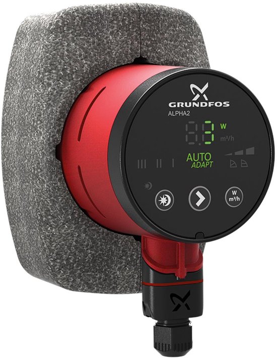 Rode Grundfos ALPHA2 circulatiepomp met zwarte display en grijze isolatie.