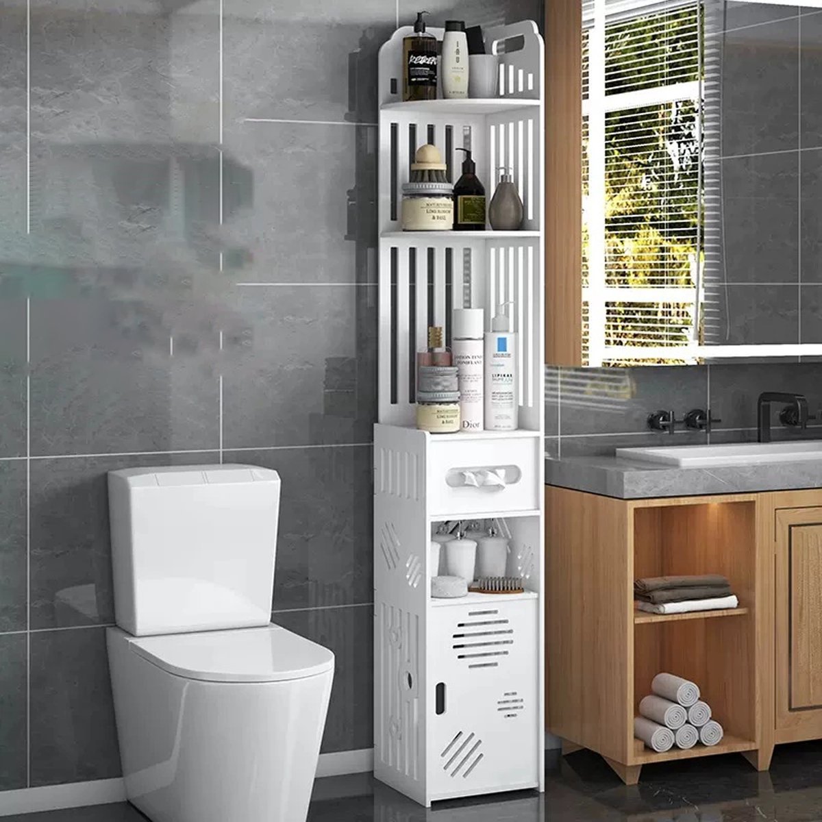 CHIWIN Badkamerkast Smal - Opbergkast Met Toiletrolhouder - Waterdicht PVC - Ruimtebesparend Kast Voor Badkamer - 20x19.5x110 cm - Wit