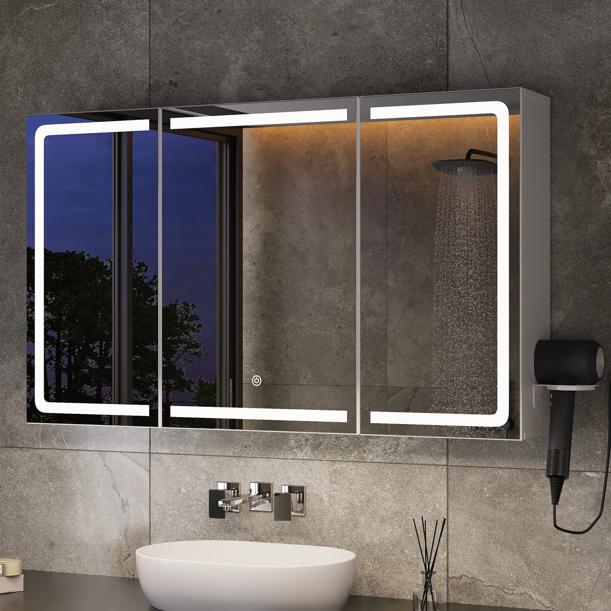Xbro Badkamerkast – Met Touch LED Verlichting, 3 Verstelbare Planken en Föhnhouder – Spiegelkast – Met Europese Stekker – 100 x 16 x 60 cm