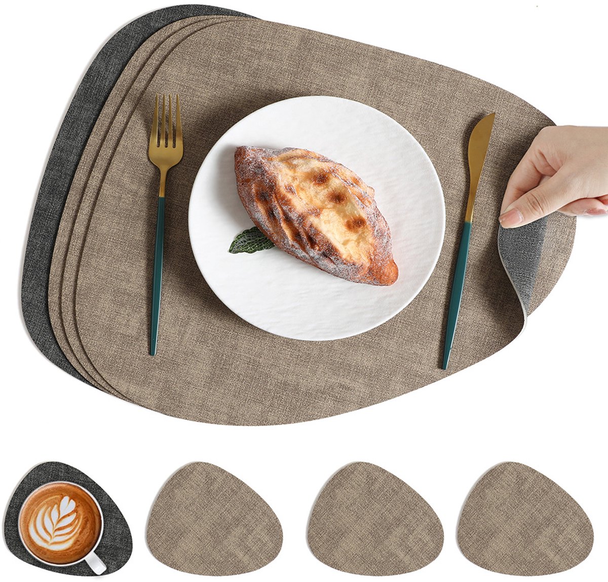 Placemats en onderzetters- wasbare dubbelzijdige placemats- ronde- afwasbare placemats van kunstleer- antislip en hittebestendige placemats voor binnen en buiten (set van 6 stuks- grijs en beige)