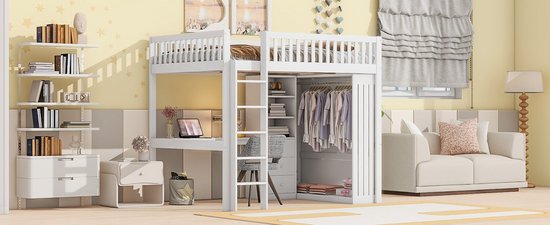 Lit mezzanine Merax 140x200 cm - avec bureau - armoire - 3 tiroirs - escalier - lit en bois avec espace de rangement - lit enfant avec bureau - Wit - sans Matras