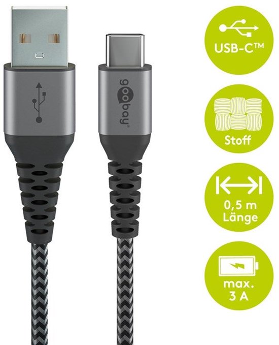 Câble textile Goobay USB-C™ vers USB-A avec fiches métalliques (Gris sidéral / Argent) 1 m