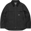 Zwarte Vintage Industries jas met corduroy kraag, twee borstzakken en twee steekzakken met drukknoopsluiting.