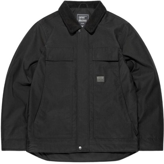 Zwarte Vintage Industries jas met corduroy kraag, twee borstzakken en twee steekzakken met drukknoopsluiting.
