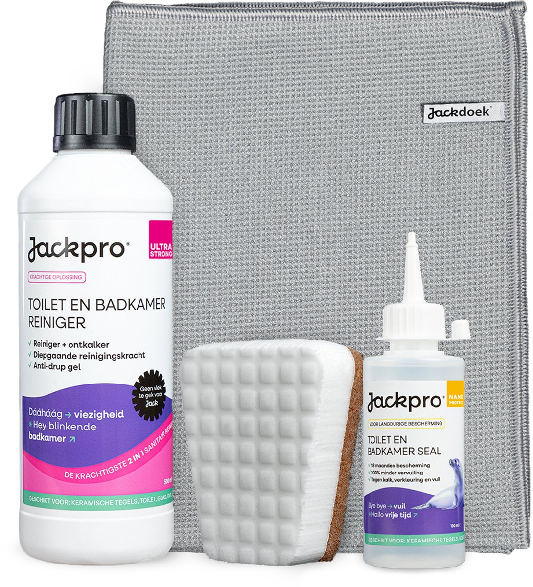 Jackpro Badkamer Pro Set - Badkamerreiniger en Toiletreiniger - met beige Droogdoek - voor badkamer, toilet, sanitair, tegels, glas en RVS