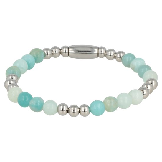 Bracelet perlé élastique en argent avec pierres précieuses d'Amazonite - Bracelet en argent de Luxe avec une combinaison de pierres précieuses d'Amazonite avec des boules en acier inoxydable - Avec coffret cadeau de luxe