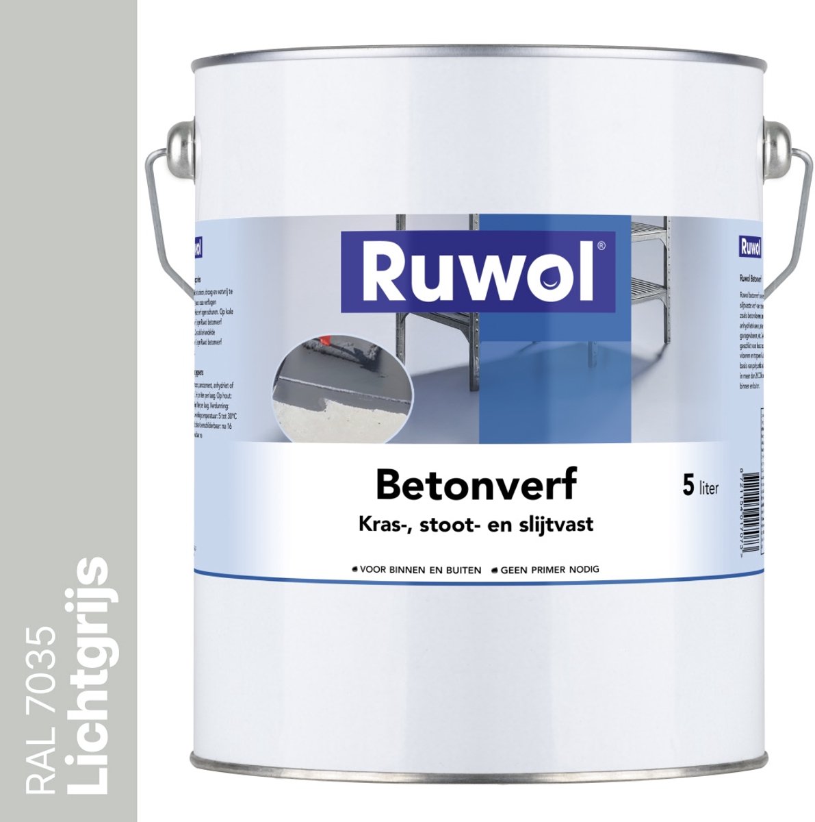 Ruwol Betonverf Lichtgrijs (RAL 7035) 5 liter - Voor binnen en buiten - Alle kleuren - Kras-, stoot- en slijtvaste verf voor beton en steen - Betonverf voor buiten