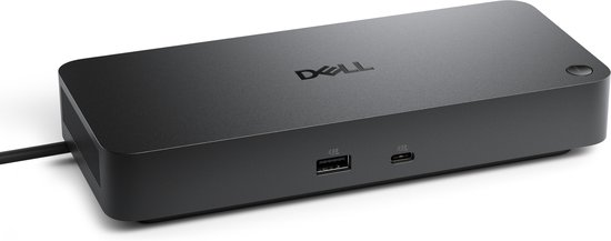 Zwarte Dell docking station met "DELL" logo op de bovenkant en één USB-A en één USB-C poort aan de voorkant.