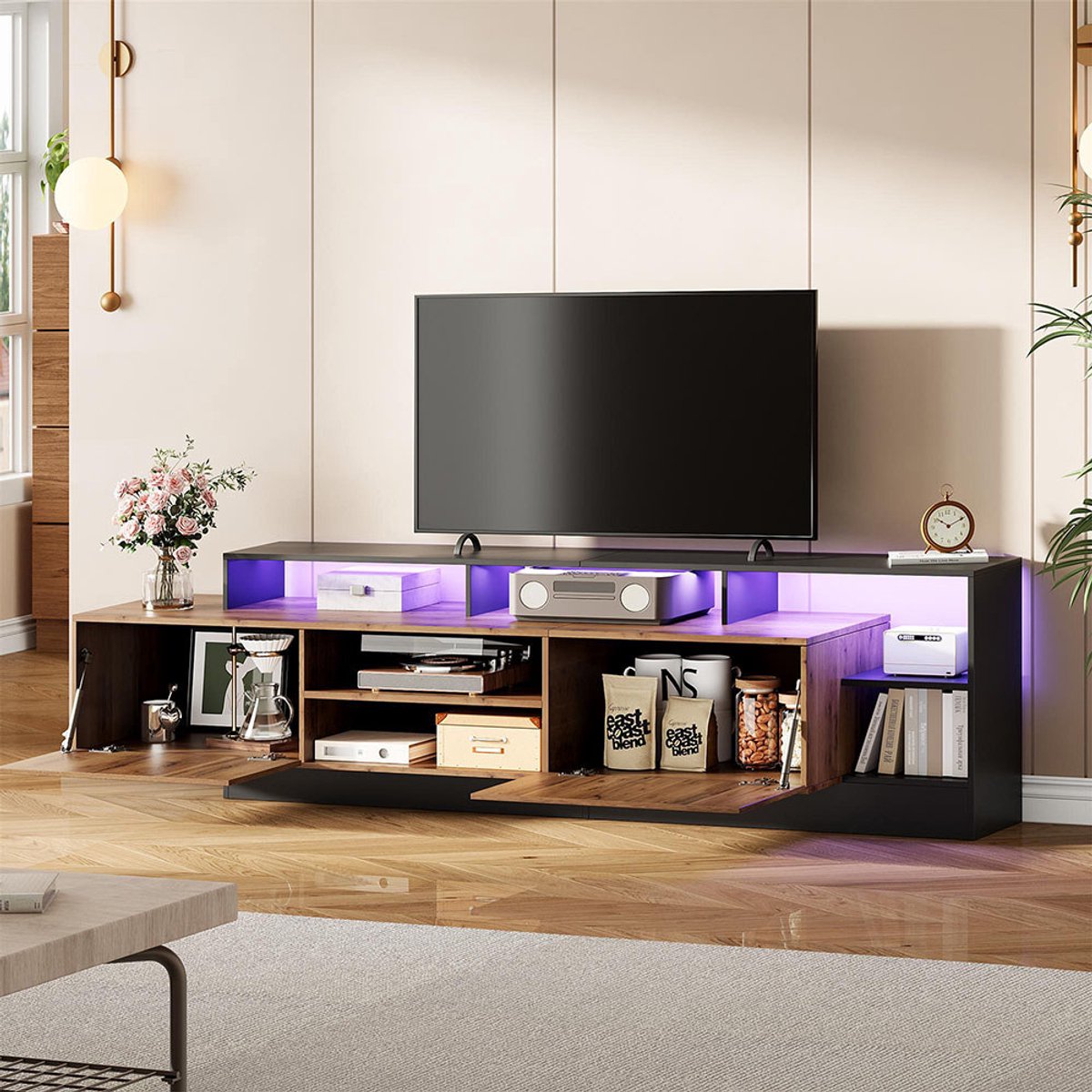 KOMHTOM BLACKCOLORS - TV-meubel - Geschikt voor TV's tot 70 inch - Moderne Kast - Met LED-verlichting - Open Opbergvakken - Originele Houtkleur met Zwart Frame - Voor Woonkamer en Slaapkamer Zwart, eikenhout