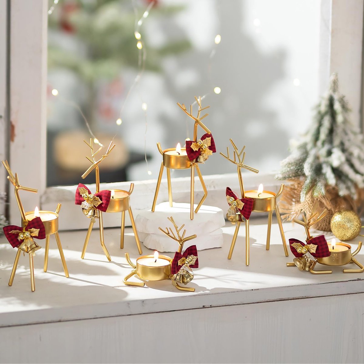 Unyqoos Set van 6 decoratieve rendier theelichthouders voor een feestelijke kerstsfeer Goud