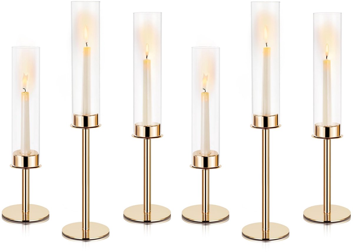 Unyqoos Set van 6 decoratieve metalen kaarsenhouders met glazen cilinder voor sfeervolle verlichting Goud