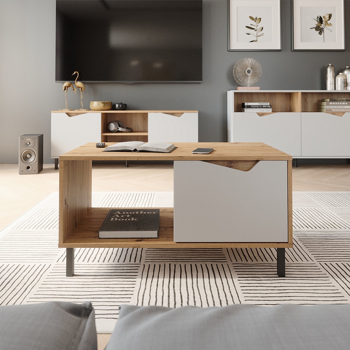 Vicco Marelle Salontafel – 90 x 50 cm met 1 deur Wit/Kunstnijverheid Wit/Artisanaal eiken
