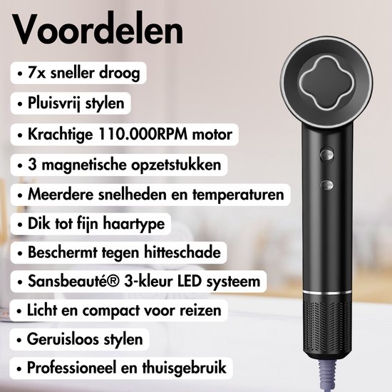 Sansbeauté® Föhn met Diffuser - Krullen - 110.000RPM - Ionische Haardroger met Borstel - 3 Standen - 3 Opzetstukken - Reisföhn - Sèche Cheveux - Krul Feun Set - Haarföhn met Defuser - Hair Blow Dryer - Kappersfohn - 2000W