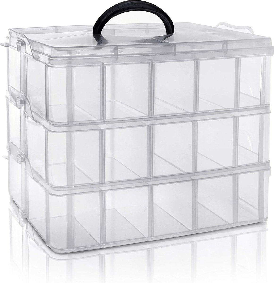 Stunq® 3 Laags Stapelbare Plastic Opslag Doos - Transparant|Aanpasbare Compartimenten Slots|Maximaal 30 Compartimenten - Opslag Container voor Speelgoed Sieraden Kralen sorteerkast