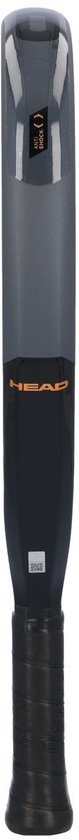 Grijze en zwarte padelracket, de steel is zichtbaar met 'HEAD' logo.