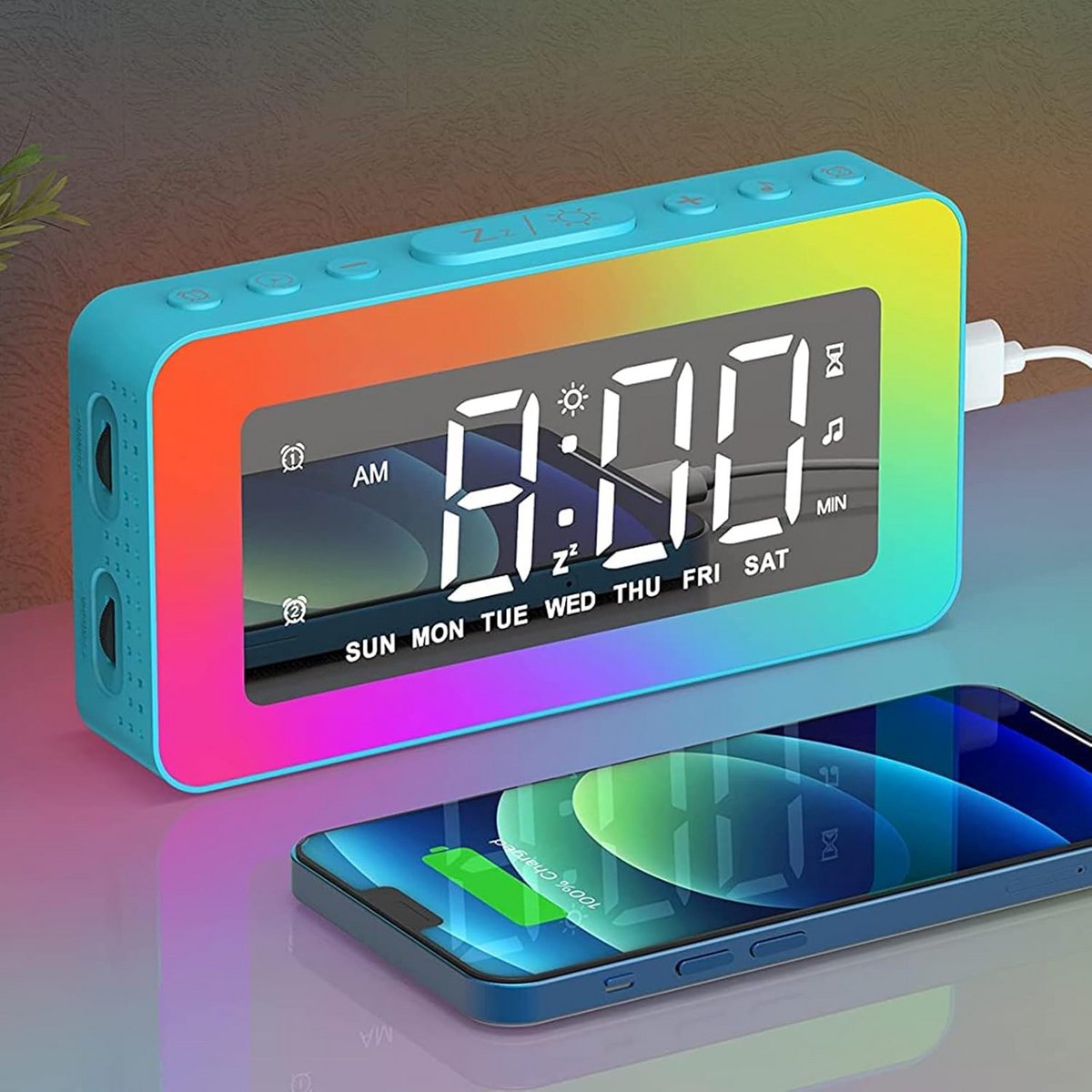 Digitale Wekker met RGB Nachtlampje, Spiegeldisplay en USB-poort