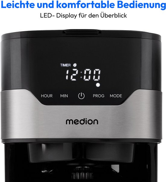 MEDION MD 18458 - Cafetière filtre programmable avec carafe isotherme - 900 Watt - 1,2 Litres - Argent
