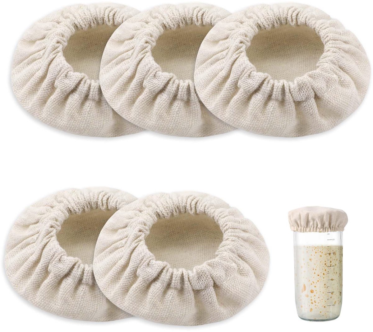 5 stuks stoffen deksels voor zuurdesempotten, herbruikbare katoenen deksels voor potten, ongebleekt broodfermentatiedeksel, deksels voor zuurdesempotten van 8-10 cm