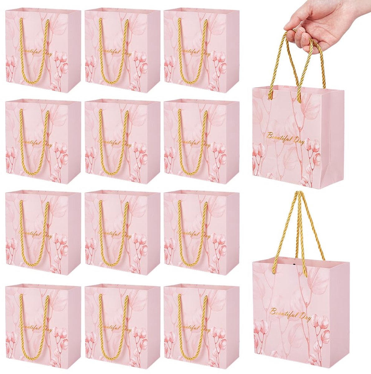 24 stuks geschenkzakjes met handgrepen, 7 x 14 x 15 cm kraftpapier geschenkzakken met "mooie dag" woordenzakjes herbruikbare geschenkzakken voor zakelijk winkelen feesten bruiloft