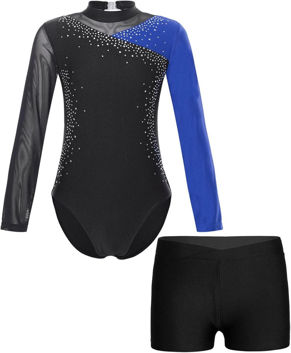 Glanzend Turnpak en Short voor Meisjes met Lange Mouwen voor Gymnastiek, Dans en Kunstschaatsen Glanzend Turnpak en Short voor Meisjes met Lange Mouwen voor Gymnastiek, Dans en Kunstschaatsen