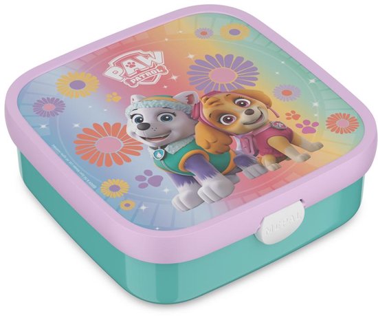 Boîte à lunch Bento avec Paw Patrol Girls (Liberty & Skye) sur le couvercle, avec arc-en-ciel et imprimé floral. La boîte est turquoise avec un couvercle rose.