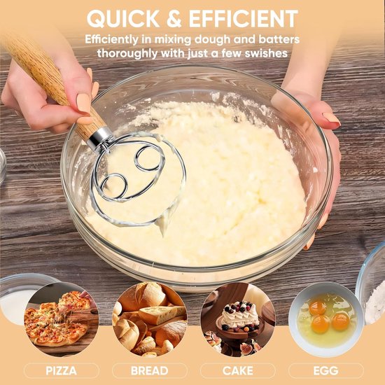 Deense deegmixer - roestvrij staal - handmixer geschikt voor brooddeeg - houten handvat - keukenbakgereedschap - broodbakgereedschap en accessoires -hout -34cm -Dubbele ring — afbeelding 3