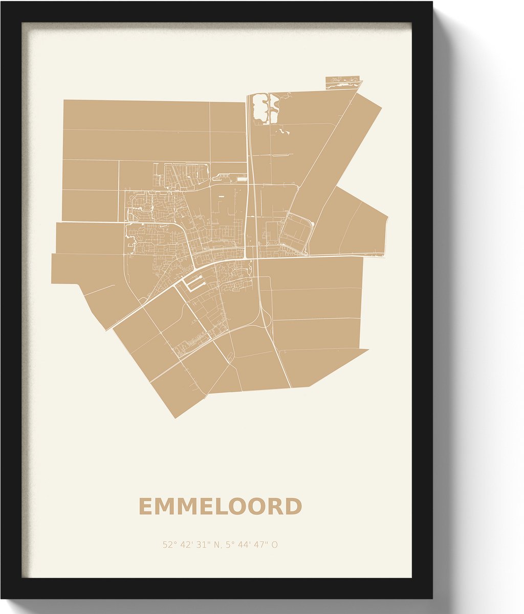 Poster Emmeloord A2 - 42 x 59,4 cm - Beige Inclusief lijst (Zwart MDF)