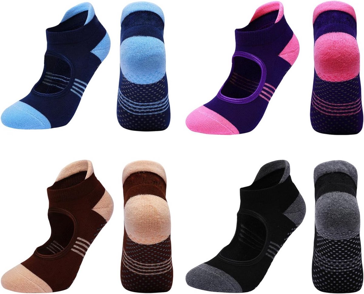 4 Paar Antislip Yogasokken Dames - Met Grip voor Yoga, Pilates en Barre - Zacht Katoen - Maat 35-40