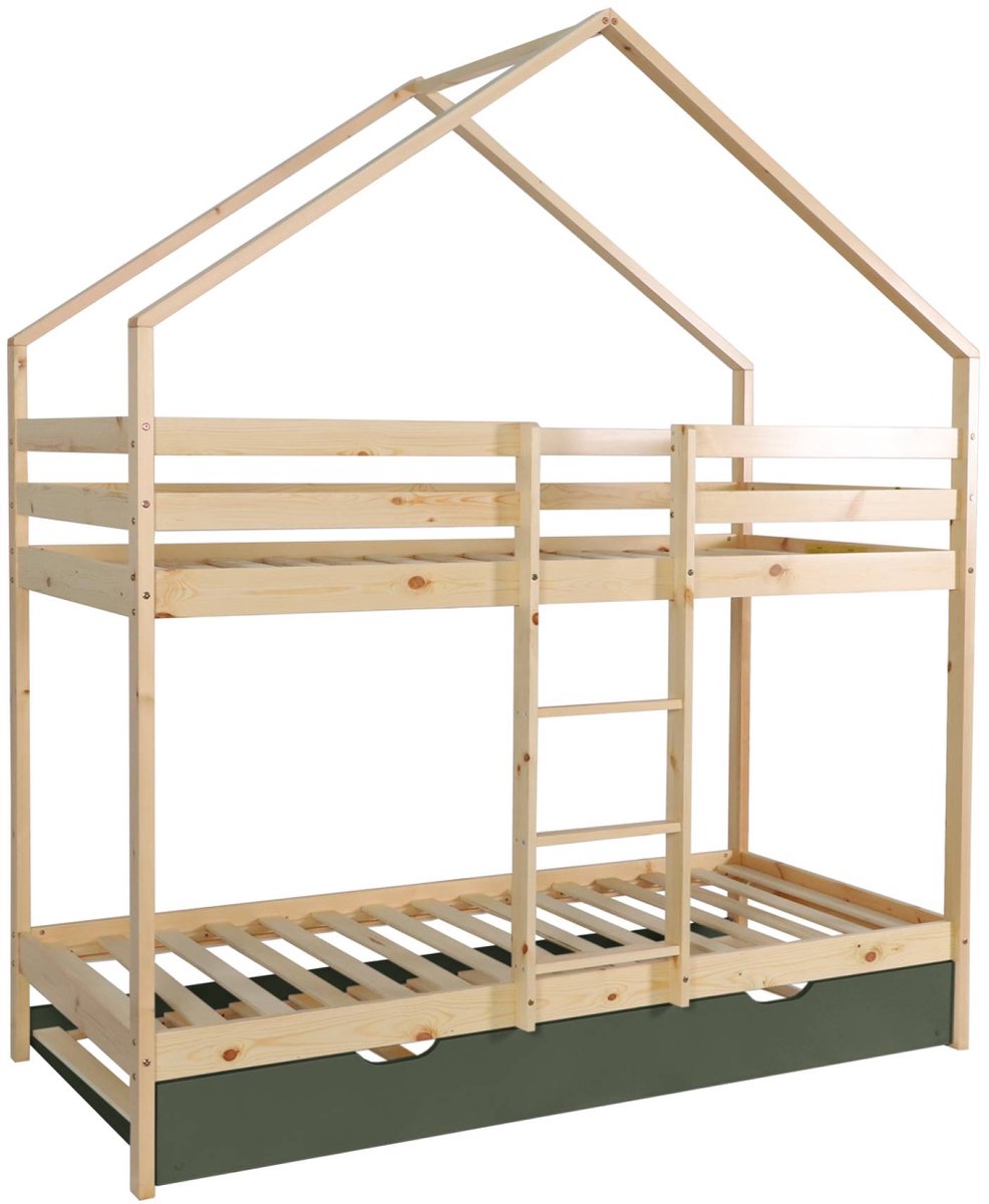 sweeek Stapelbed voor kinderen hut 90x190 cm met lattenbodem en lade - roya Groen